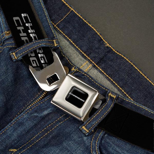 Buckle Down CHARGER Text Seatbelt Belt - CHARGER Double Repeat Black/Gray Webbing
