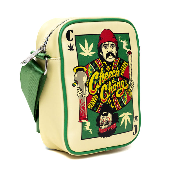 Buckle Down Cheech & Chong Vegan Leather Cross Body Backpack For Men And Women With Adjustable Strap C Of Weeds Playing Card Replica Green