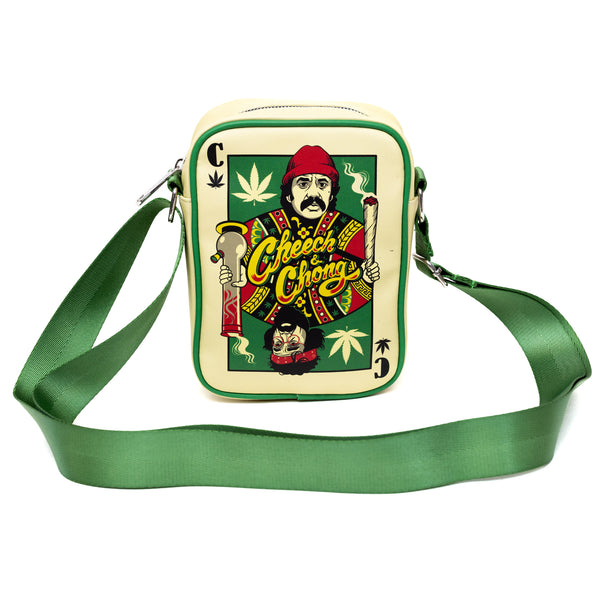 Buckle Down Cheech & Chong Vegan Leather Cross Body Backpack For Men And Women With Adjustable Strap C Of Weeds Playing Card Replica Green
