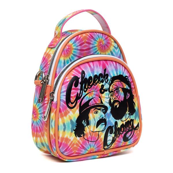 Buckle Down Cheech & Chong Vegan Leather Cross Body Backpack For Men And Women With Adjustable Strap Faces Debossed Multi Color Tie Dye Multicolor