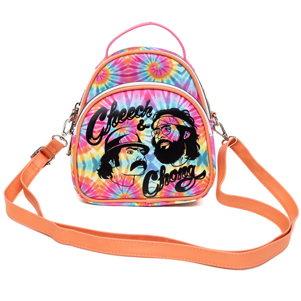 Buckle Down Cheech & Chong Vegan Leather Cross Body Backpack For Men And Women With Adjustable Strap Faces Debossed Multi Color Tie Dye Multicolor