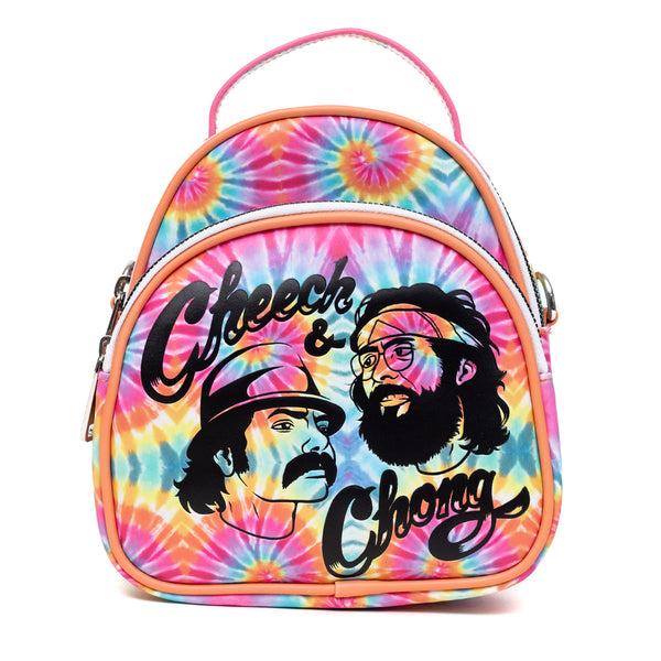 buckle down Cheech & Chong Vegan Leather Cross Body Backpack for Men and Women with Adjustable Strap Faces Debossed Multi Color Tie Dye Multicolor