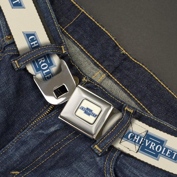 Buckle Down CHEVROLET 1940 Bowtie Text Logo Full Color White/Blues Seatbelt Belt - CHEVROLET 1940 Bowtie Text Logo White/Blues Webbing