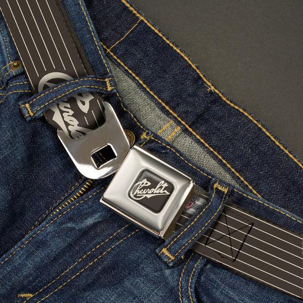 Buckle Down CHEVROLET Heritage Script Full Color Charcoal Tan Seatbelt Belt - CHEVROLET Heritage Script/Stripe Charcoal/Tan Webbing