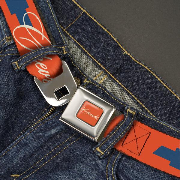 Buckle Down CHEVROLET Script Full Color Orange/White/Blue Seatbelt Belt - CHEVROLET Script And Bowtie Orange/White/Blue Webbing
