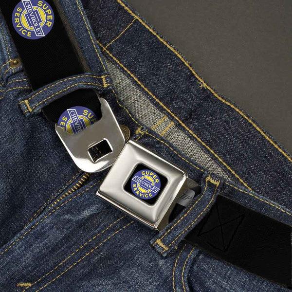 Buckle Down CHEVROLET SUPER SERVICE Logo Black Blue Yellow White Seatbelt Belt - CHEVROLET SUPER SERVICE Logo Black/Blue/Yellow/White Webbing
