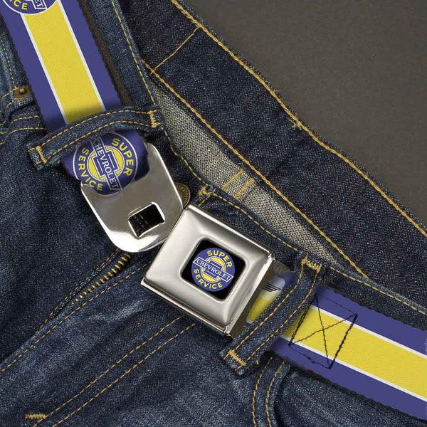 Buckle Down CHEVROLET SUPER SERVICE Logo Black Blue Yellow White Seatbelt Belt - CHEVROLET SUPER SERVICE Logo/Stripe Blue/White/Yellow Webbing