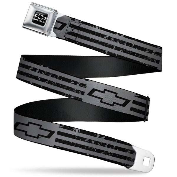 buckle down Chevy Bowtie/CHEVROLET Text Full Color Black/White Seatbelt Belt - Chevrolet Bowtie Americana Stripes Weathered Gray/Black Webbing