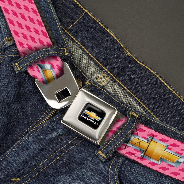 Buckle Down Chevy Bowtie Full Color Black Gold Seatbelt Belt - Chevy Gold Bowtie W/Logo PINK Webbing