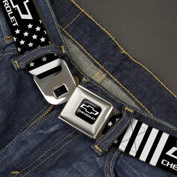 Buckle Down Chevy Bowtie Full Color Black/White Seatbelt Belt - CHEVROLET Bowtie Americana Stars And Stripes Black/White Webbing