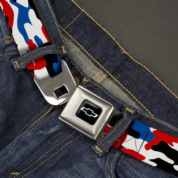Buckle Down Chevy Bowtie Full Color Black/White Seatbelt Belt - Chevy Americana Camo Red/White/Blue/Black Webbing
