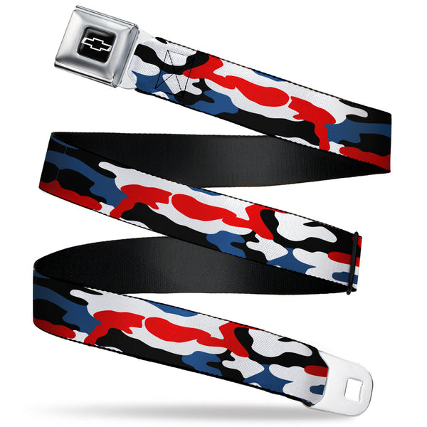buckle down Chevy Bowtie Full Color Black/White Seatbelt Belt - Chevy Americana Camo Red/White/Blue/Black Webbing