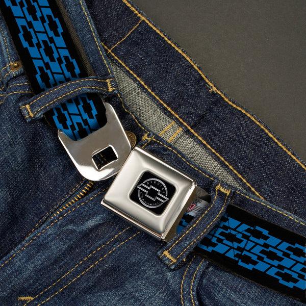 Buckle Down Chevy Seatbelt Belt - Chevy Bowties 3-Row Black/Blue Webbing