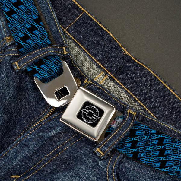 Buckle Down Chevy Seatbelt Belt - Diagonal Retro Chevy Bowtie Monogram Black/Blues Webbing