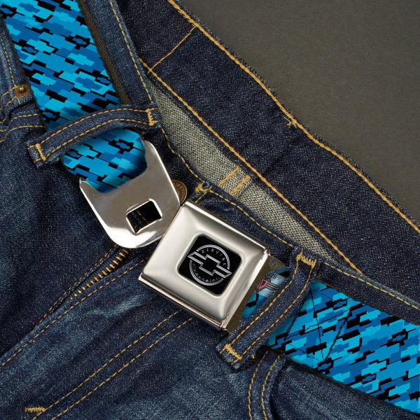 Buckle Down Chevy Seatbelt Belt - Diagonal Retro Chevy Bowtie Stacked Black/Blues Webbing