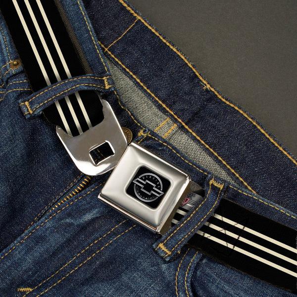 Buckle Down Chevy Seatbelt Belt - Vintage CHEVROLET Bowtie 3-Stripe Black/Ivory (1934 Logo) Webbing