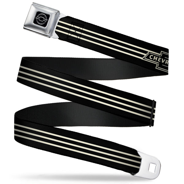 buckle down Chevy Seatbelt Belt - Vintage CHEVROLET Bowtie 3-Stripe Black/Ivory (1934 logo) Webbing