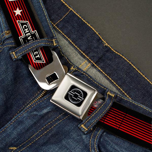 Buckle Down Chevy Seatbelt Belt - Vintage CHEVROLET Bowtie SINCE 1911/Stars Stripe Black/Red/Ivory (1934 Logo) Webbing