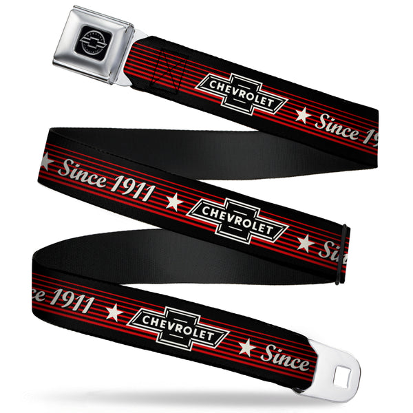 buckle down Chevy Seatbelt Belt - Vintage CHEVROLET Bowtie SINCE 1911/Stars Stripe Black/Red/Ivory (1934 logo) Webbing