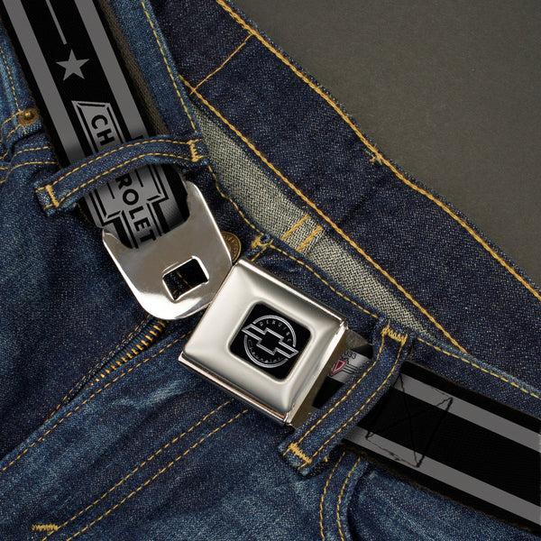 Buckle Down Chevy Seatbelt Belt - Vintage CHEVROLET Bowtie/Stars Stripe Black/Grays (1934 Logo) Webbing