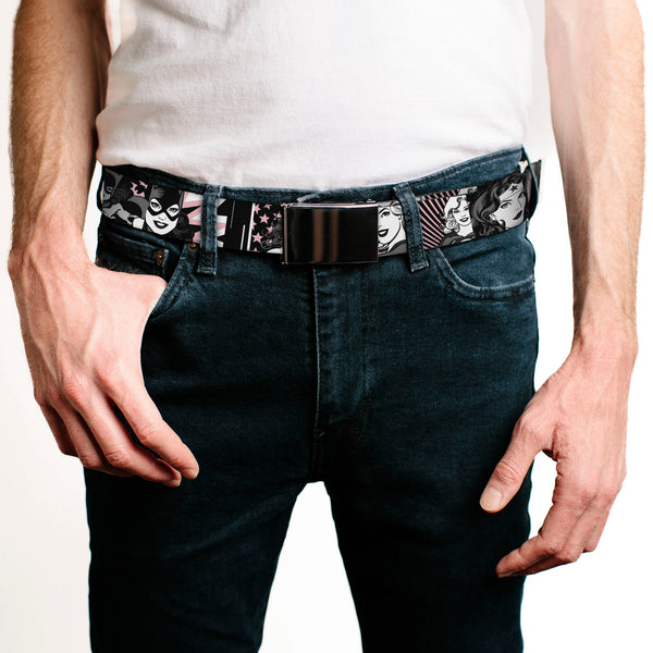Buckle Down Chrome Buckle Web Belt - Batgirl/Wonder Woman/Supergirl Retro Panels Black/Pink/White Webbing