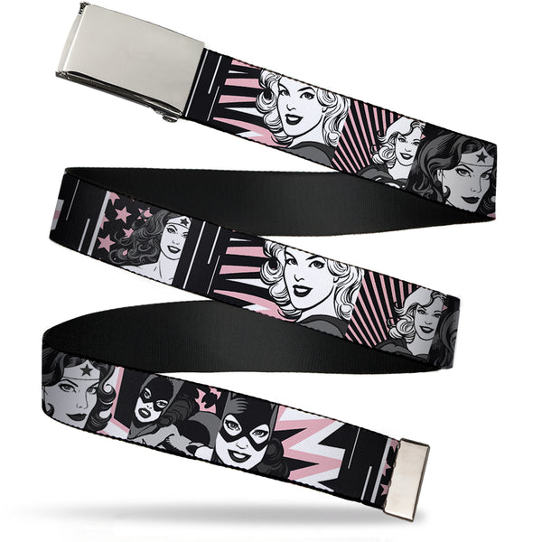 buckle down Chrome Buckle Web Belt - Batgirl/Wonder Woman/Supergirl Retro Panels Black/Pink/White Webbing