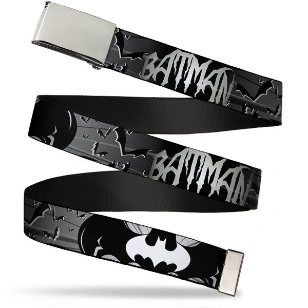 buckle down Chrome Buckle Web Belt - BATMAN w/Bat Signals & Flying Bats Black/White Webbing