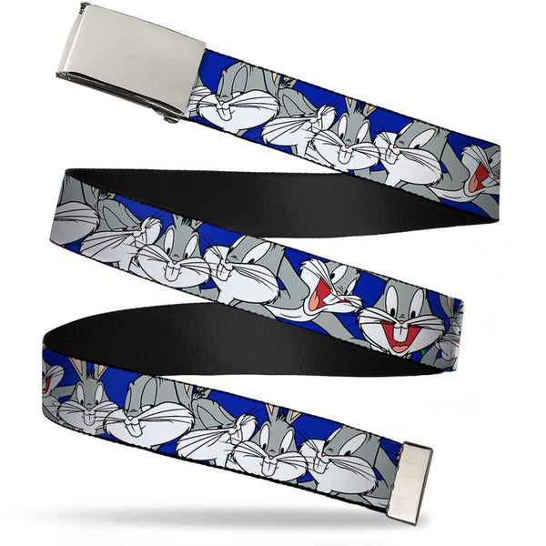 buckle down Chrome Buckle Web Belt - Bugs Bunny CLOSE-UP Poses Blue Webbing