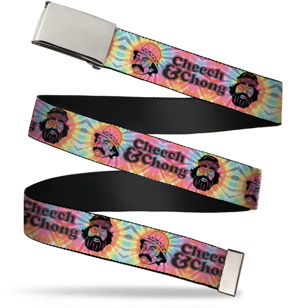 buckle down Chrome Buckle Web Belt - CHEECH & CHONG Caricature Faces2 Tie Dye Multi Color/Black Webbing