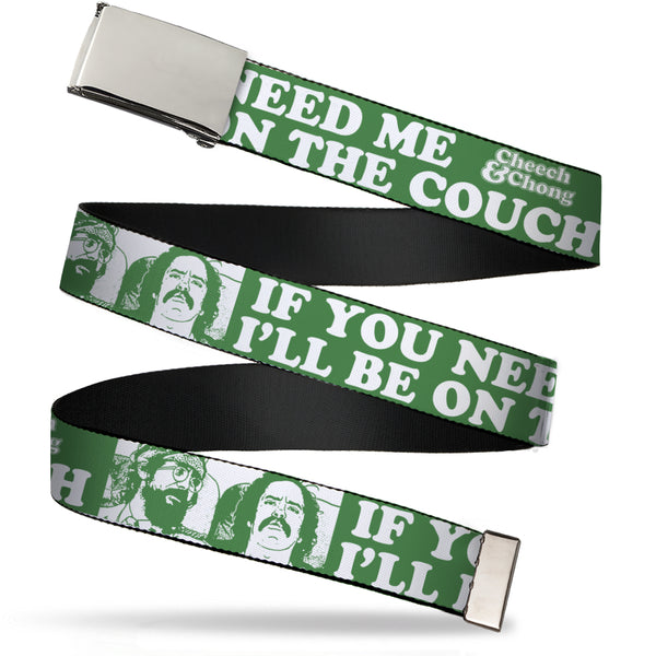 buckle down Chrome Buckle Web Belt - CHEECH & CHONG Pose IF YOU NEED ME I'LL BE ON THE COUCH Green/White Webbing