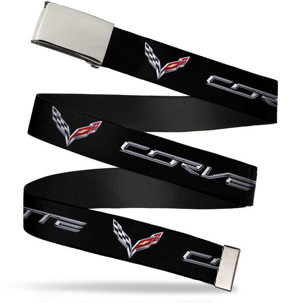 buckle down Chrome Buckle Web Belt - CORVETTE/C7 Logo Black/Silver/Red Webbing