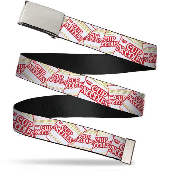 buckle down Chrome Buckle Web Belt - Cup Noodles Cups Stacked Collage White/Gold/Red Webbing