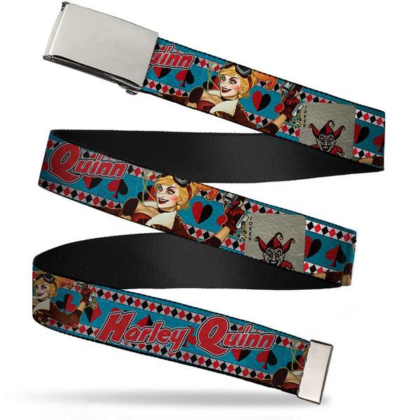 buckle down Chrome Buckle Web Belt - Harley Quinn Bombshell Pin-Up Pose/Joker Card/Suits Blue/White/Red/Black Webbing