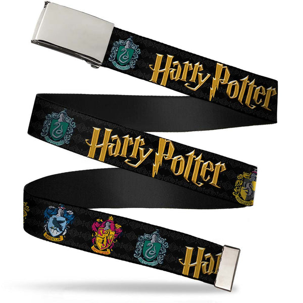 buckle down Chrome Buckle Web Belt - HARRY POTTER Hufflepuff/Ravenclaw/Gryffindor/Slytherin Coat of Arms Black Webbing