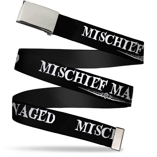 buckle down Chrome Buckle Web Belt - Harry Potter MISCHIEF MANAGED Black/White Webbing
