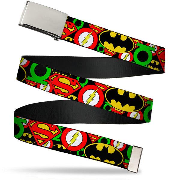 buckle down Chrome Buckle Web Belt - Justice League Stacked Logos Webbing