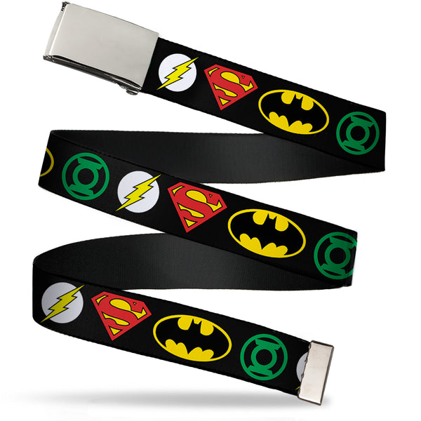 buckle down Chrome Buckle Web Belt - Justice League Superhero Logos Webbing
