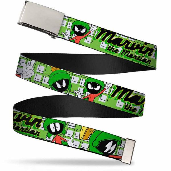 buckle down Chrome Buckle Web Belt - MARVIN THE MARTIAN w/Poses White/Green Webbing