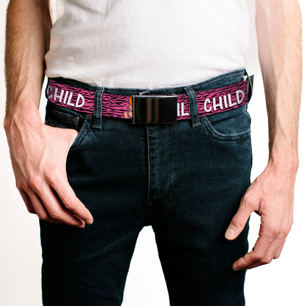Buckle Down Chrome Buckle Web Belt - Pebbles Face/Pose WILD CHILD Pink/Black/White Webbing