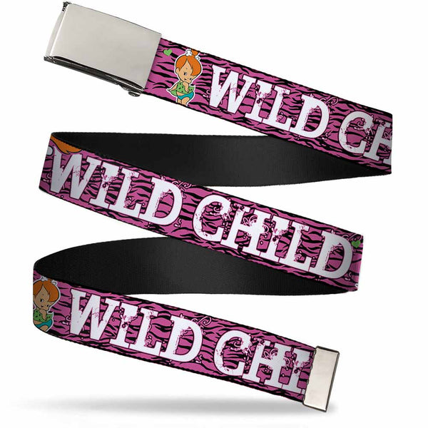 buckle down Chrome Buckle Web Belt - Pebbles Face/Pose WILD CHILD Pink/Black/White Webbing