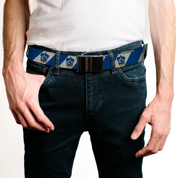Buckle Down Chrome Buckle Web Belt - RAVENCLAW Crest Diagonal Stripe Gray/Blue Webbing