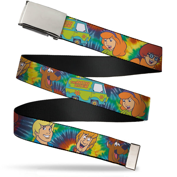 buckle down Chrome Buckle Web Belt - Scooby Doo 5-Character Faces Tie Dye Multi Color/White Webbing