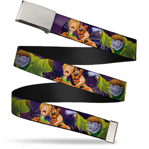 buckle down Chrome Buckle Web Belt - Scooby & Shaggy Hugging w/Werewolf Man Purple Webbing