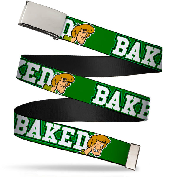 buckle down Chrome Buckle Web Belt - Shaggy Poses/BAKED Green/White Webbing