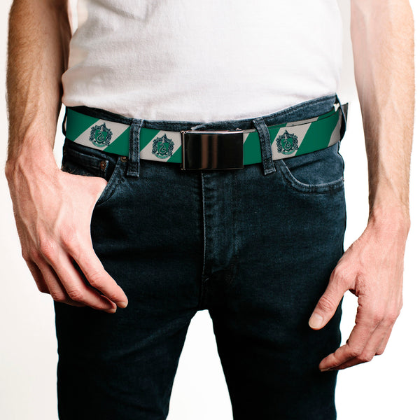 Buckle Down Chrome Buckle Web Belt - SLYTHERIN Crest Diagonal Stripe Gray/Green Webbing
