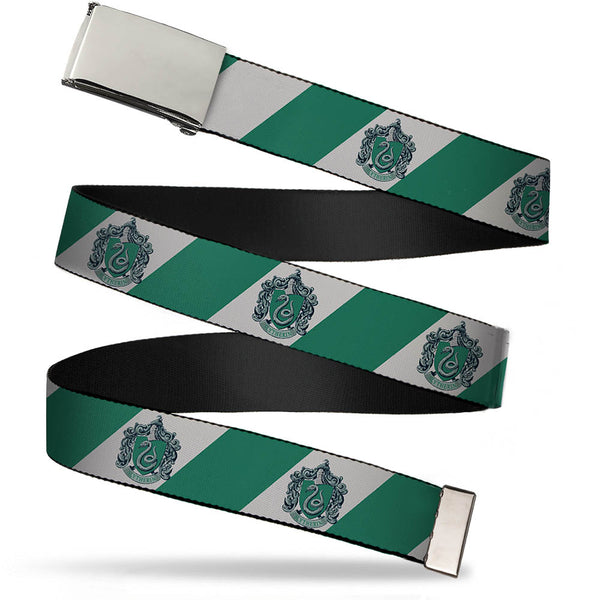 buckle down Chrome Buckle Web Belt - SLYTHERIN Crest Diagonal Stripe Gray/Green Webbing