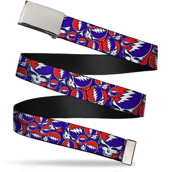 buckle down Chrome Buckle Web Belt - Steal Your Face Stacked Red/White/Blue Webbing