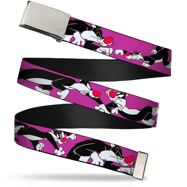 buckle down Chrome Buckle Web Belt - Sylvester the Cat Poses Purple Webbing