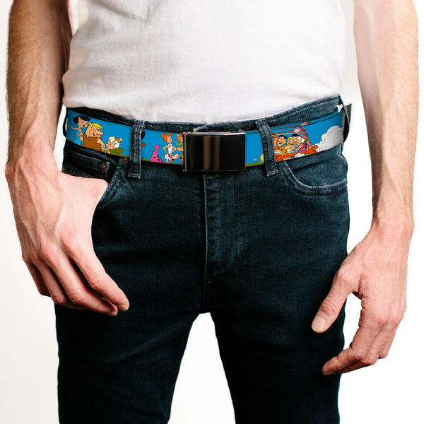 Buckle Down Chrome Buckle Web Belt - The Flintstones And Rubbles Group Pose/Logo Blue Webbing