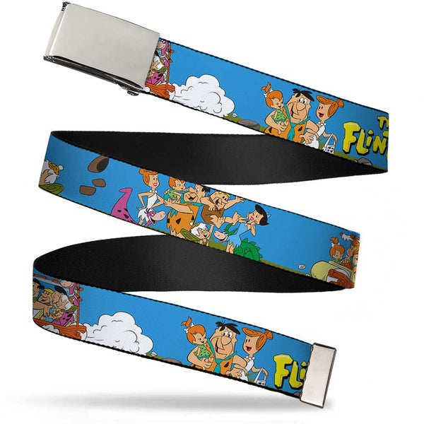buckle down Chrome Buckle Web Belt - The Flintstones and Rubbles Group Pose/Logo Blue Webbing